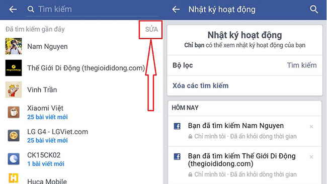 xóa lịch sử tìm kiếm trên Facebook